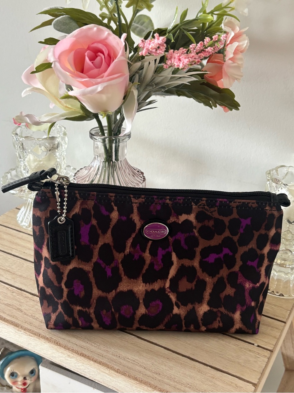 Coach Leopard-Print Cosmetic Pouch in Brown and Purple